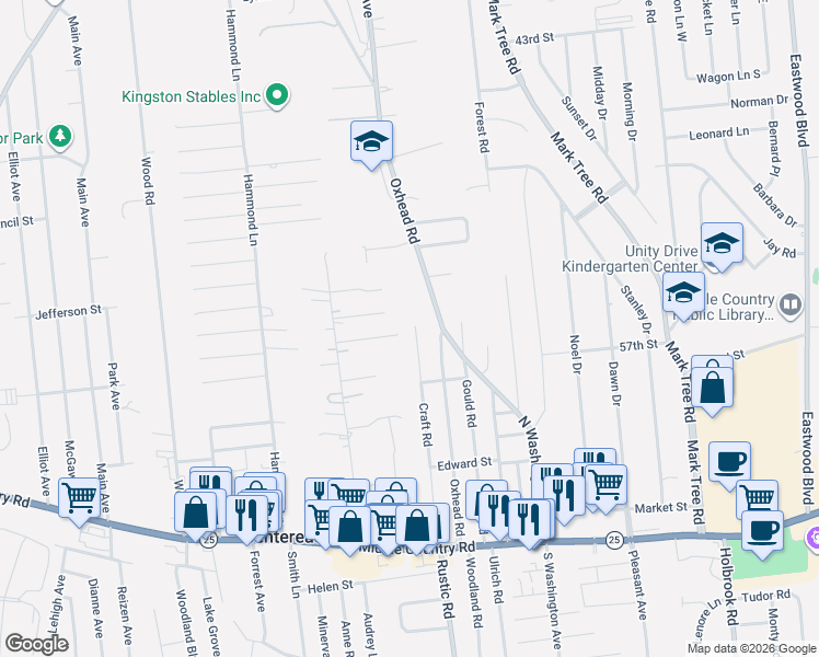map of restaurants, bars, coffee shops, grocery stores, and more near 106 Craft Road in Centereach