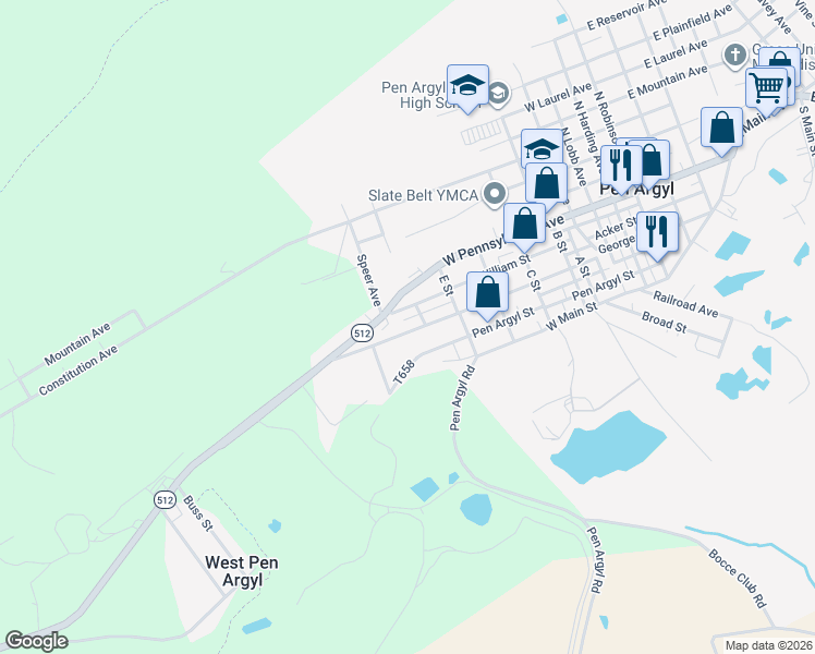 map of restaurants, bars, coffee shops, grocery stores, and more near 817 George Street in Pen Argyl