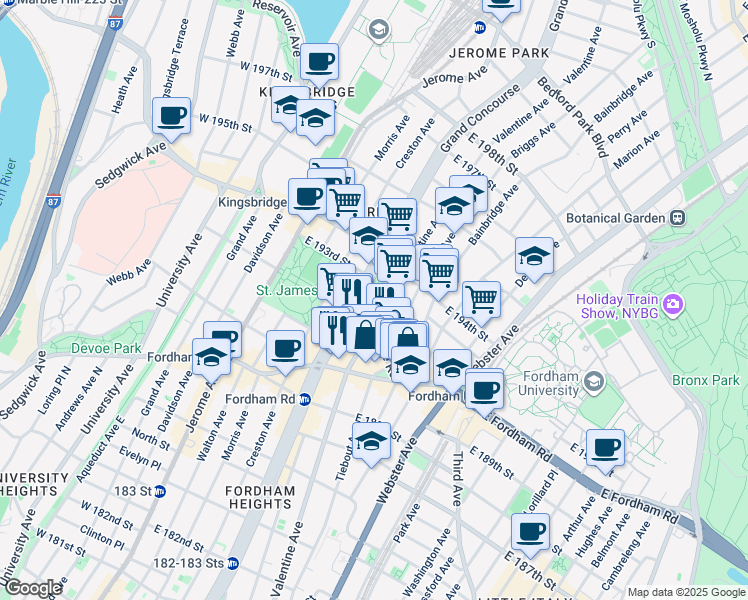 map of restaurants, bars, coffee shops, grocery stores, and more near 2640 Grand Concourse in Bronx