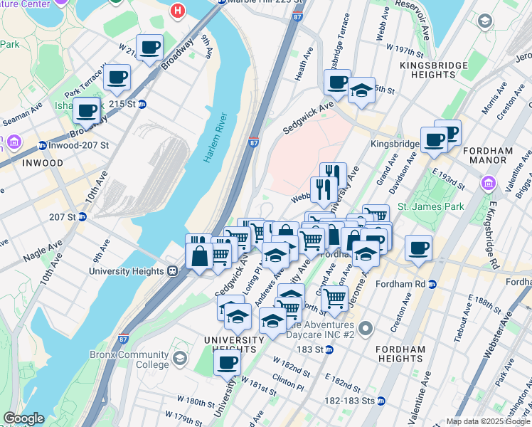 map of restaurants, bars, coffee shops, grocery stores, and more near in The Bronx
