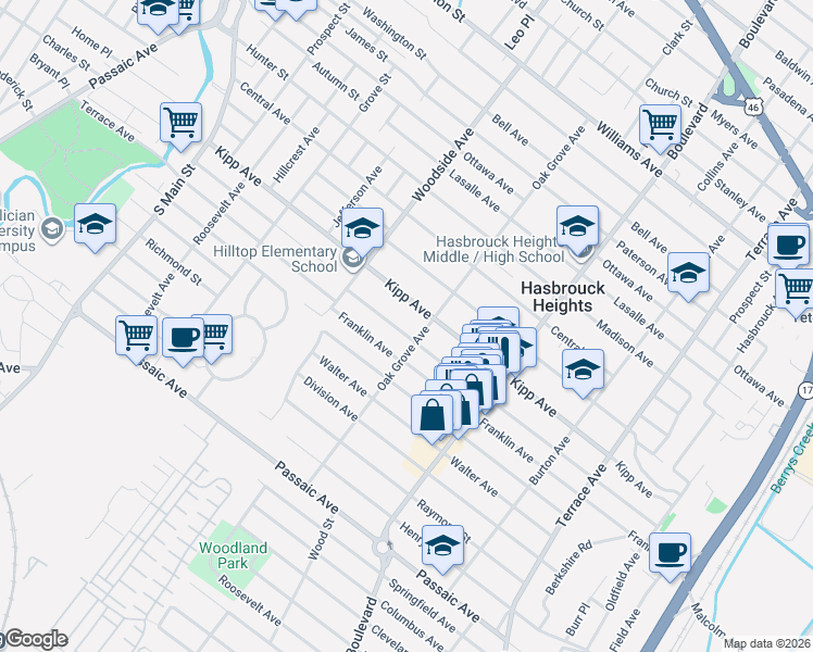 map of restaurants, bars, coffee shops, grocery stores, and more near 137 Oak Grove Avenue in Hasbrouck Heights