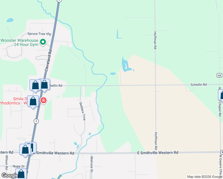 map of restaurants, bars, coffee shops, grocery stores, and more near 2565 Schellin Road in Wooster