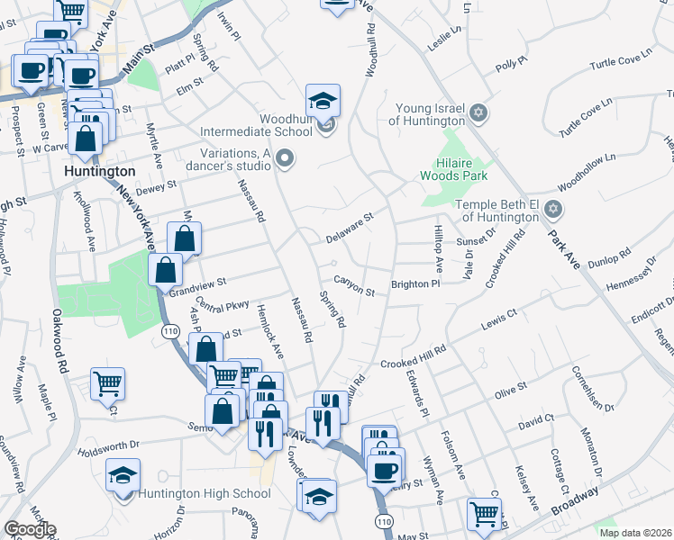 map of restaurants, bars, coffee shops, grocery stores, and more near 14 Spring Ct in Huntington