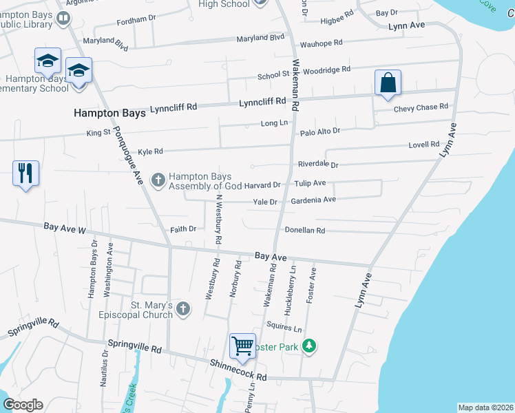 map of restaurants, bars, coffee shops, grocery stores, and more near 9 Yale Dr in Hampton Bays
