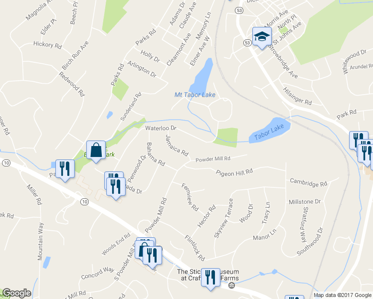 map of restaurants, bars, coffee shops, grocery stores, and more near 3 Jamaica Road in Morris Plains