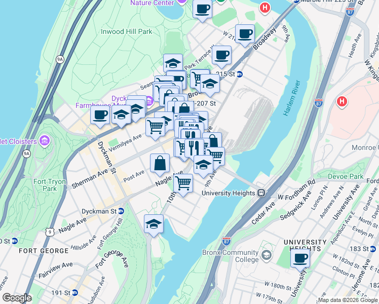 map of restaurants, bars, coffee shops, grocery stores, and more near 135 Post Avenue in New York