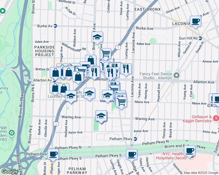 map of restaurants, bars, coffee shops, grocery stores, and more near 2548 Paulding Avenue in Bronx