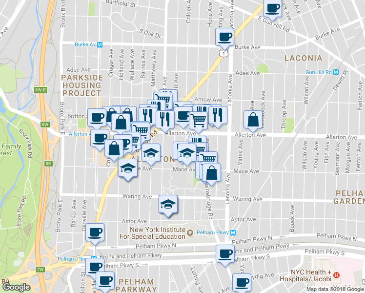 map of restaurants, bars, coffee shops, grocery stores, and more near 2555 Colden Avenue in Bronx