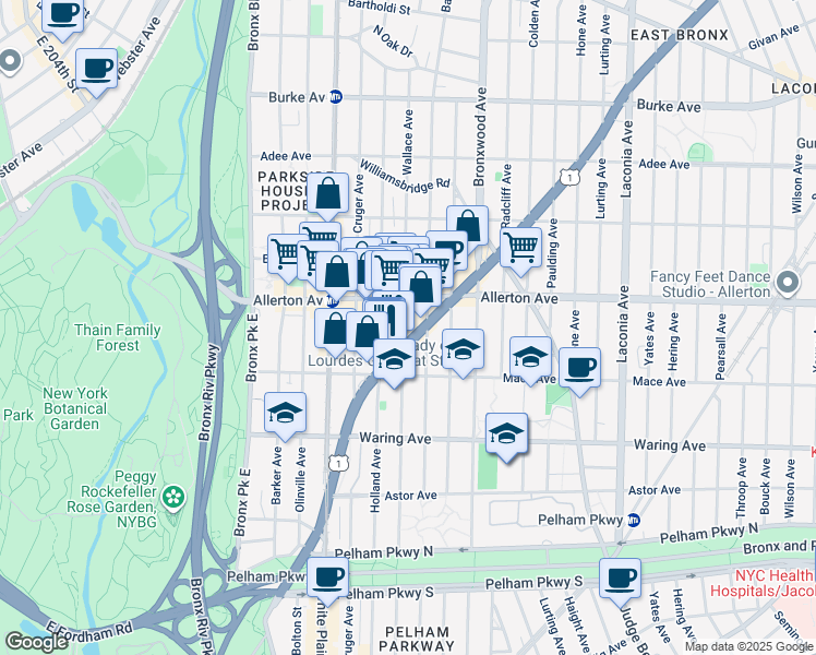 map of restaurants, bars, coffee shops, grocery stores, and more near 2513 Wallace Avenue in Bronx