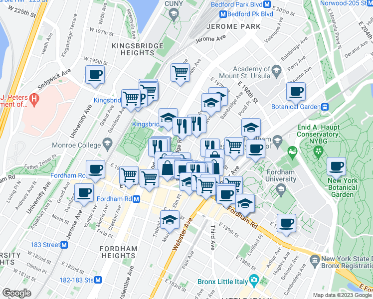 map of restaurants, bars, coffee shops, grocery stores, and more near 2612 Briggs Avenue in Bronx