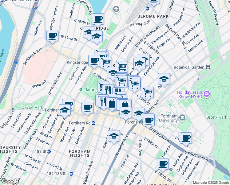 map of restaurants, bars, coffee shops, grocery stores, and more near in The Bronx