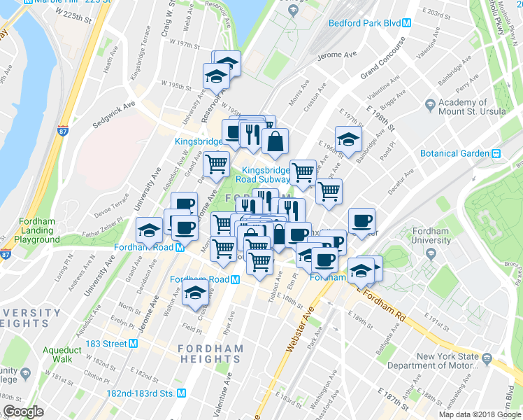 map of restaurants, bars, coffee shops, grocery stores, and more near 2585 Grand Concourse in Bronx