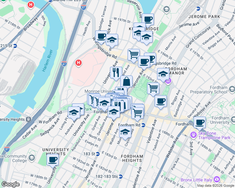 map of restaurants, bars, coffee shops, grocery stores, and more near in The Bronx