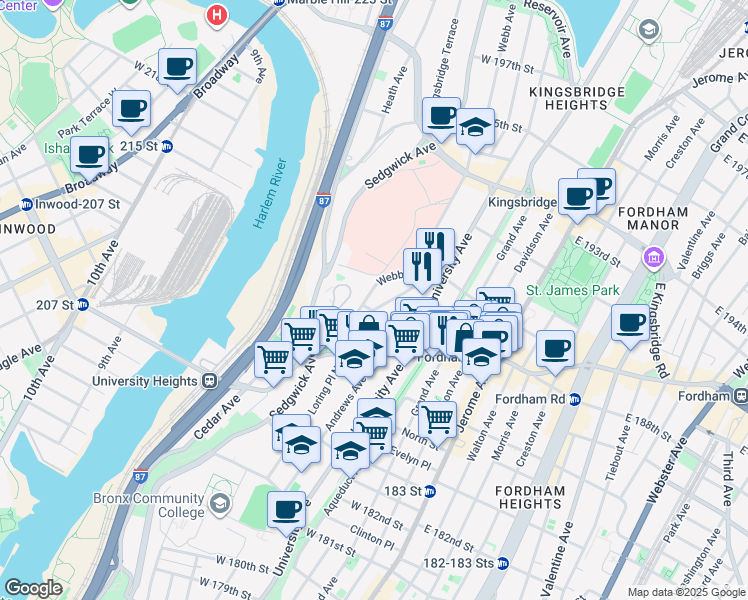 map of restaurants, bars, coffee shops, grocery stores, and more near 2420 Webb Avenue in Bronx