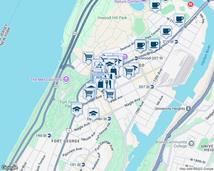 map of restaurants, bars, coffee shops, grocery stores, and more near 11 Vermilyea Avenue in New York