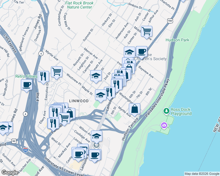 map of restaurants, bars, coffee shops, grocery stores, and more near 234A Washington Avenue in Fort Lee