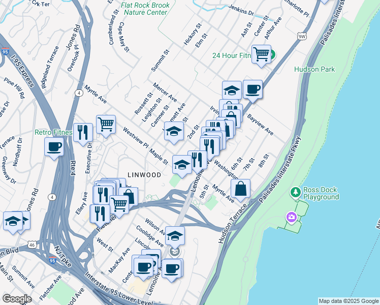 map of restaurants, bars, coffee shops, grocery stores, and more near 234A Washington Avenue in Fort Lee
