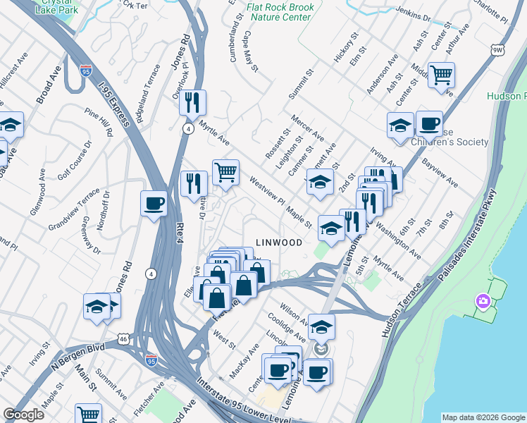 map of restaurants, bars, coffee shops, grocery stores, and more near 415 Grandview Place in Fort Lee
