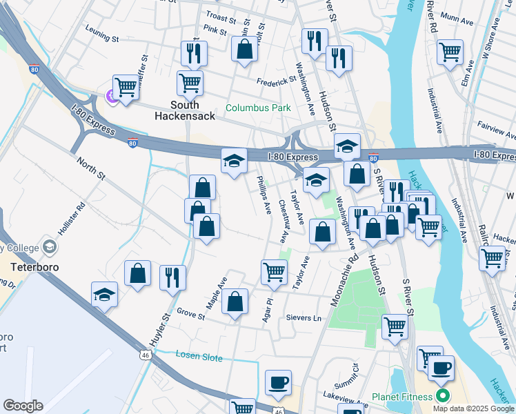 map of restaurants, bars, coffee shops, grocery stores, and more near 87 Phillips Avenue in South Hackensack