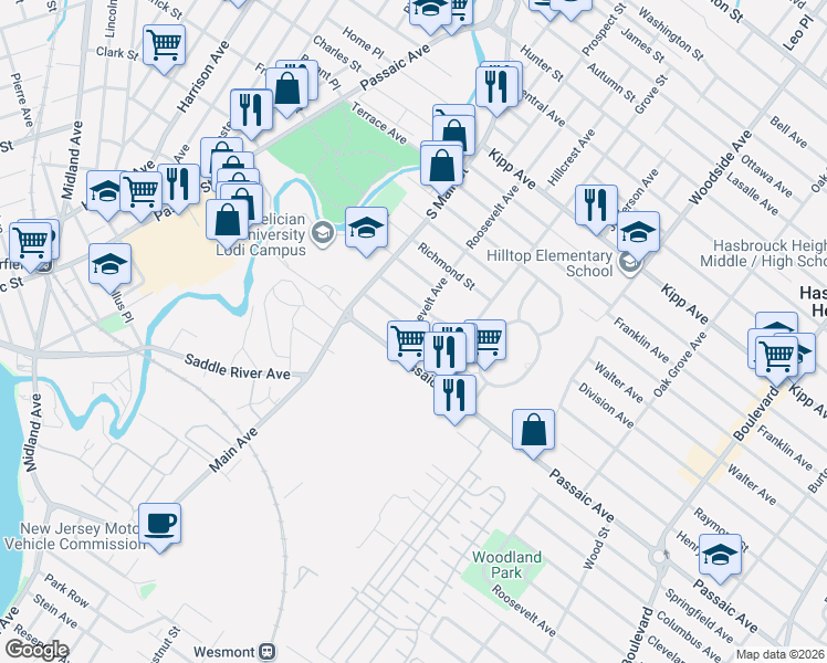 map of restaurants, bars, coffee shops, grocery stores, and more near 233 Roosevelt Avenue in Lodi
