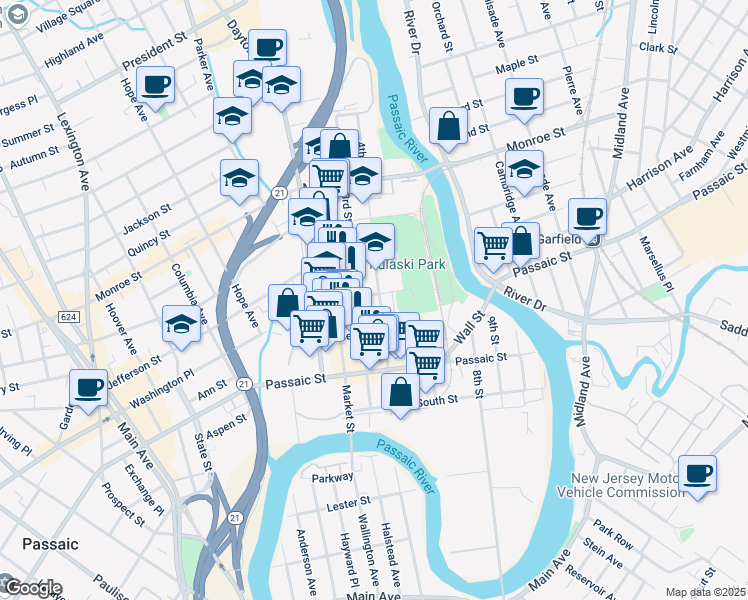 map of restaurants, bars, coffee shops, grocery stores, and more near 87 4th Street in Passaic