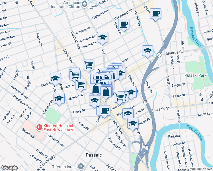 map of restaurants, bars, coffee shops, grocery stores, and more near 307 Monroe Street in Passaic