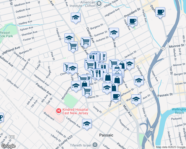map of restaurants, bars, coffee shops, grocery stores, and more near 178 Grove Street in Passaic
