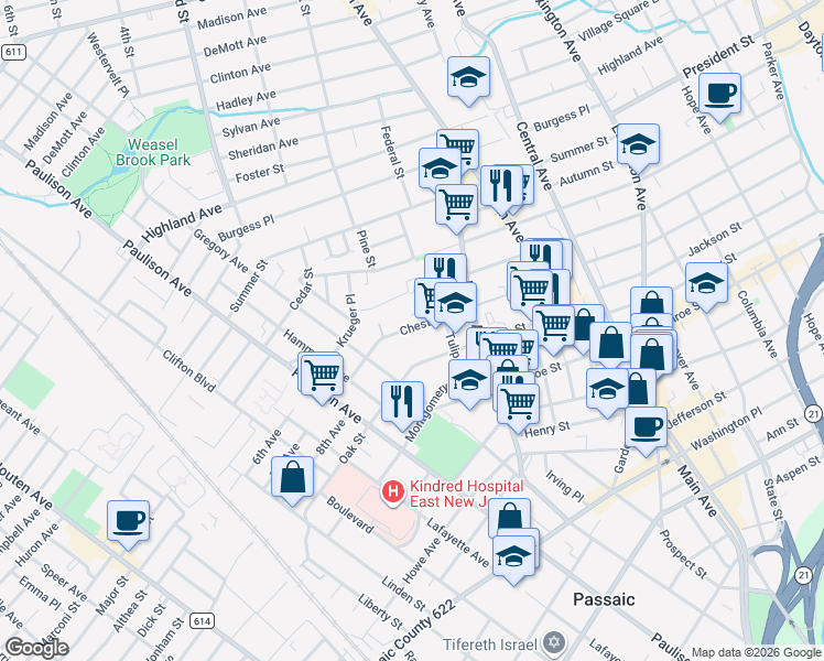 map of restaurants, bars, coffee shops, grocery stores, and more near 349 Chestnut Street in Passaic