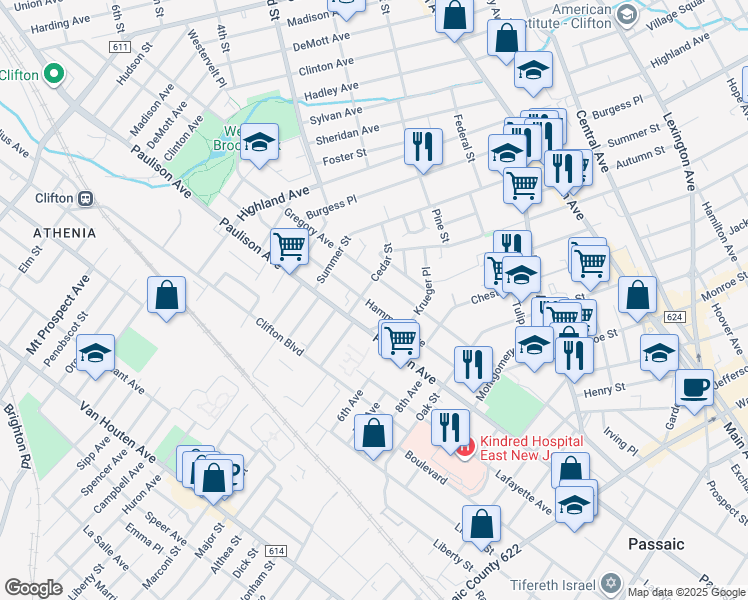 map of restaurants, bars, coffee shops, grocery stores, and more near 116 Hammond Avenue in Passaic