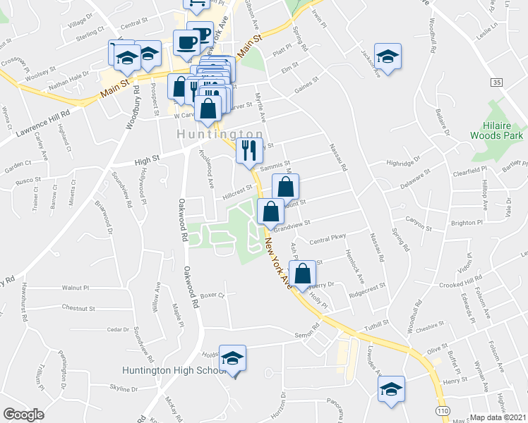 map of restaurants, bars, coffee shops, grocery stores, and more near 1 Fairmont Street in Huntington