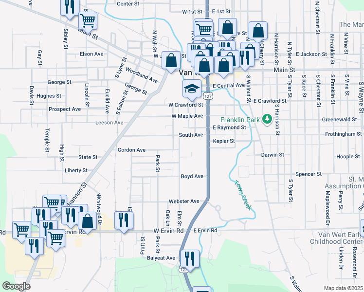 map of restaurants, bars, coffee shops, grocery stores, and more near 622 Elm Street in Van Wert