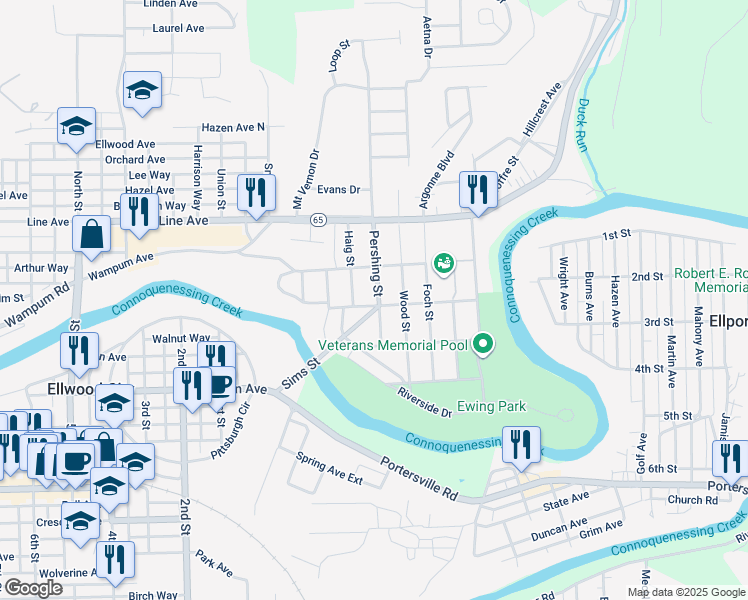 map of restaurants, bars, coffee shops, grocery stores, and more near 410 Jefferson Avenue in Ellwood City