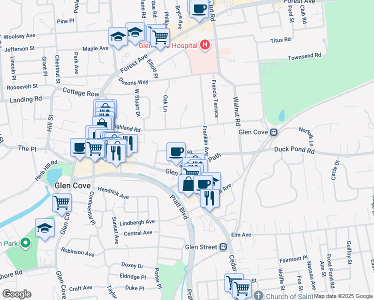 map of restaurants, bars, coffee shops, grocery stores, and more near Butler Court in Glen Cove
