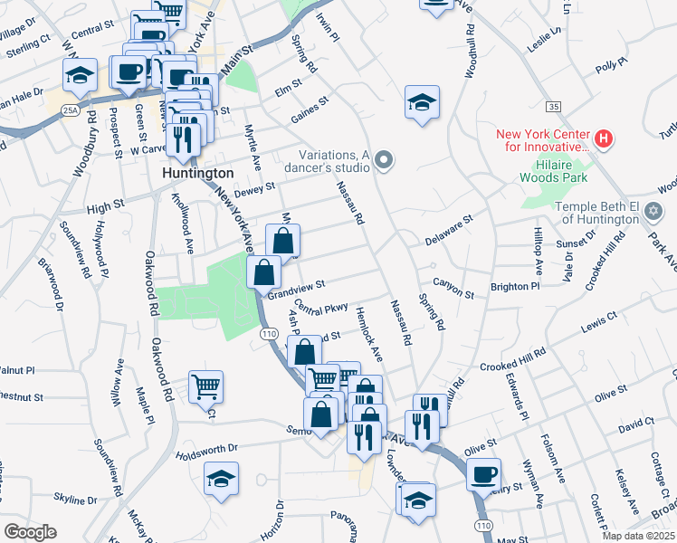 map of restaurants, bars, coffee shops, grocery stores, and more near 77 Grandview Street in Huntington