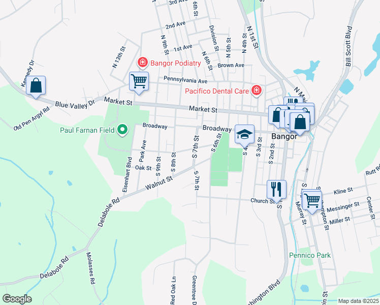 map of restaurants, bars, coffee shops, grocery stores, and more near 212 South 7th Street in Bangor
