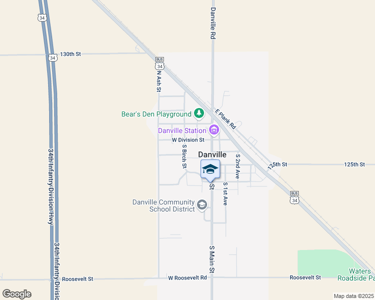 map of restaurants, bars, coffee shops, grocery stores, and more near 104 South Birch Street in Danville