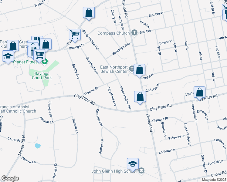 map of restaurants, bars, coffee shops, grocery stores, and more near 16 Stratford Avenue in Greenlawn