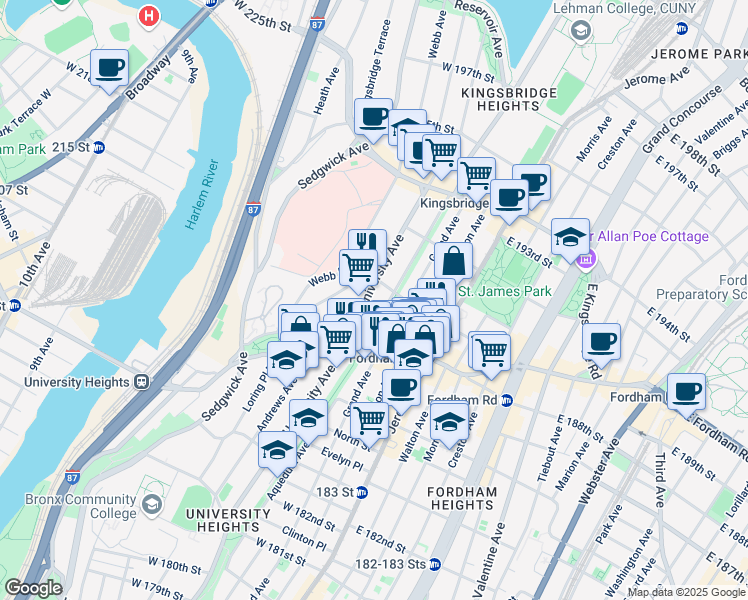 map of restaurants, bars, coffee shops, grocery stores, and more near 2460 University Avenue in The Bronx