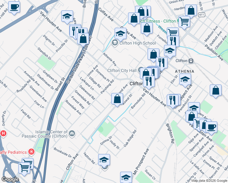 map of restaurants, bars, coffee shops, grocery stores, and more near 58 Lindale Court in Clifton