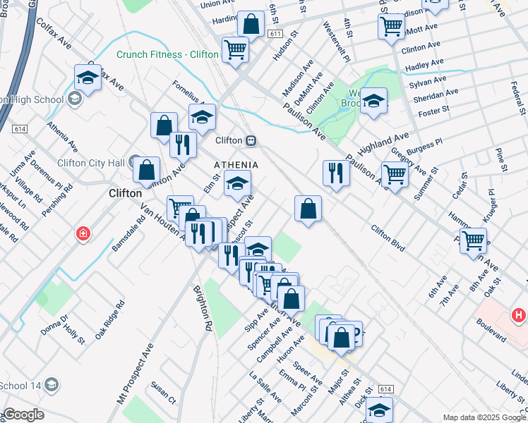 map of restaurants, bars, coffee shops, grocery stores, and more near 43 Penobscot Street in Clifton