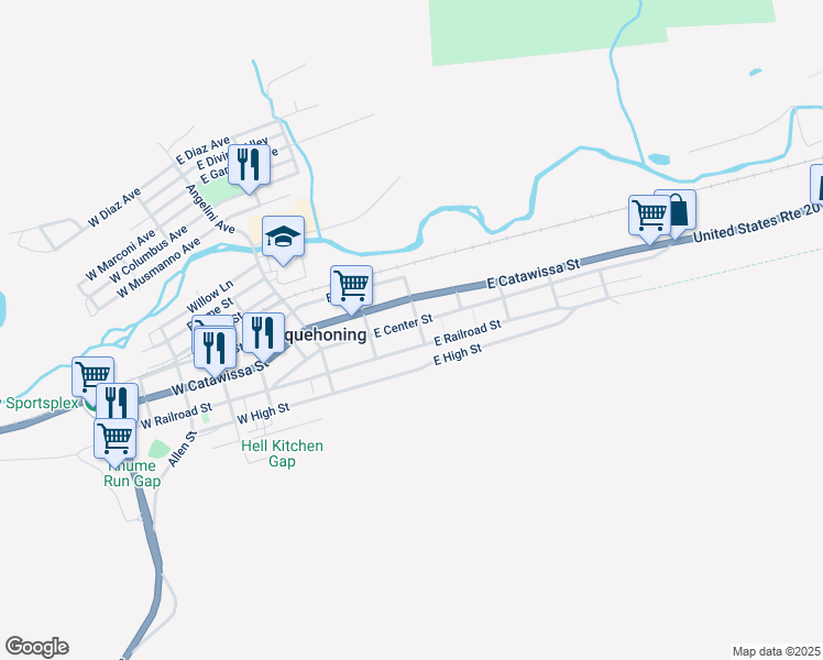 map of restaurants, bars, coffee shops, grocery stores, and more near 163 East Center Street in Nesquehoning