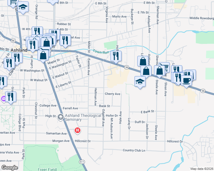 map of restaurants, bars, coffee shops, grocery stores, and more near 527 Edgehill Avenue in Ashland
