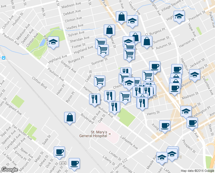 map of restaurants, bars, coffee shops, grocery stores, and more near 2 Bowes Place in Passaic