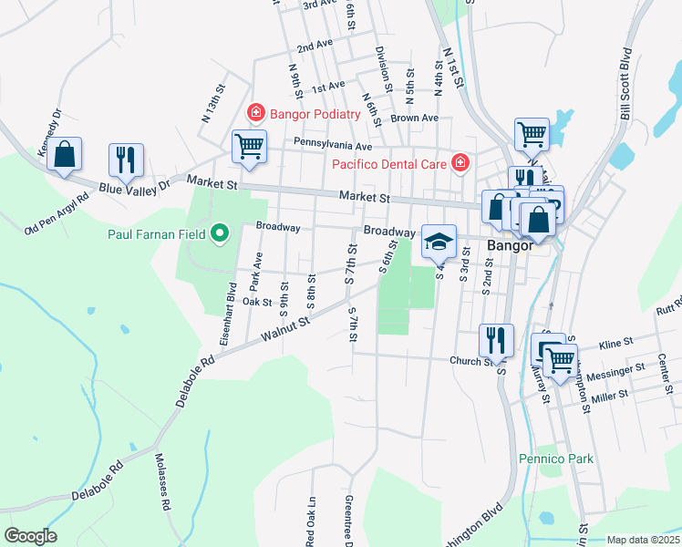 map of restaurants, bars, coffee shops, grocery stores, and more near 724 Chestnut Street in Bangor