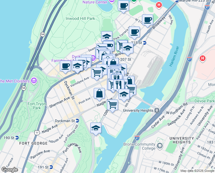 map of restaurants, bars, coffee shops, grocery stores, and more near 110 Post Avenue in New York