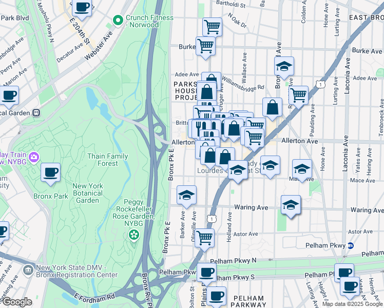 map of restaurants, bars, coffee shops, grocery stores, and more near 2545 Olinville Avenue in Bronx