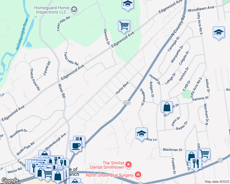 map of restaurants, bars, coffee shops, grocery stores, and more near 34 Hurtin Boulevard in Smithtown