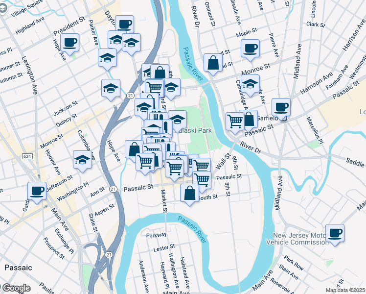 map of restaurants, bars, coffee shops, grocery stores, and more near 87 4th Street in Passaic