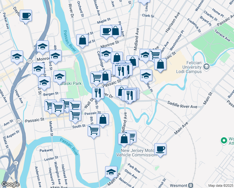 map of restaurants, bars, coffee shops, grocery stores, and more near 136 River Drive in Garfield