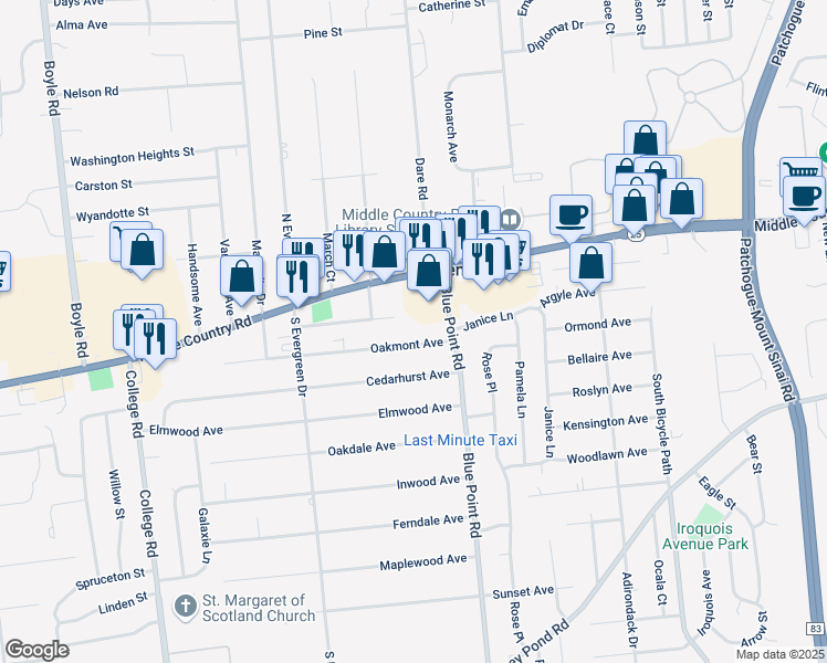 map of restaurants, bars, coffee shops, grocery stores, and more near 11 Oakmont Avenue in Selden